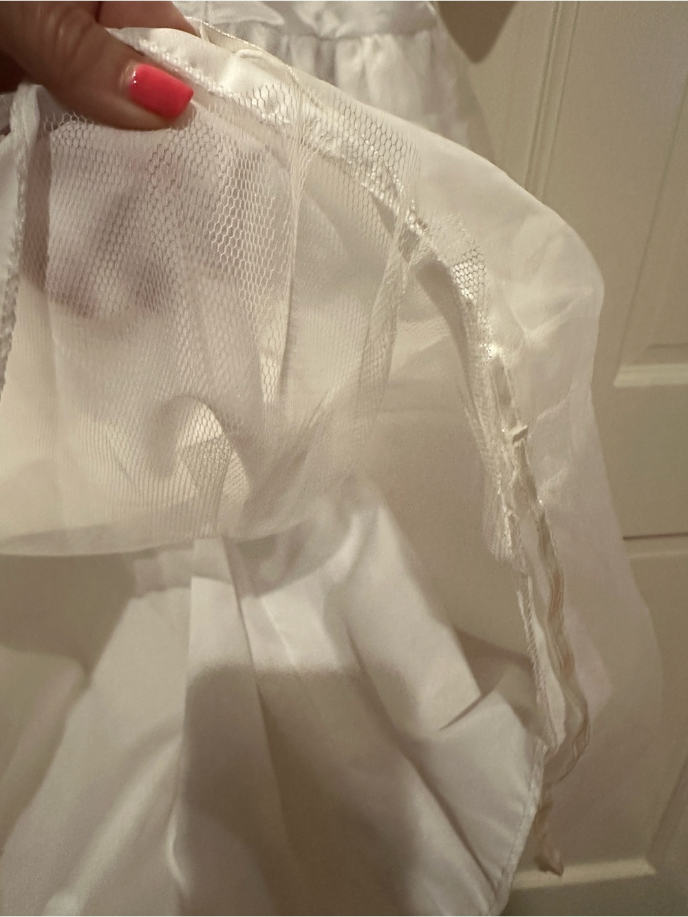 Girls White Satin & Organza Party Dress with Puff Sleeves - Picture 6 of 11